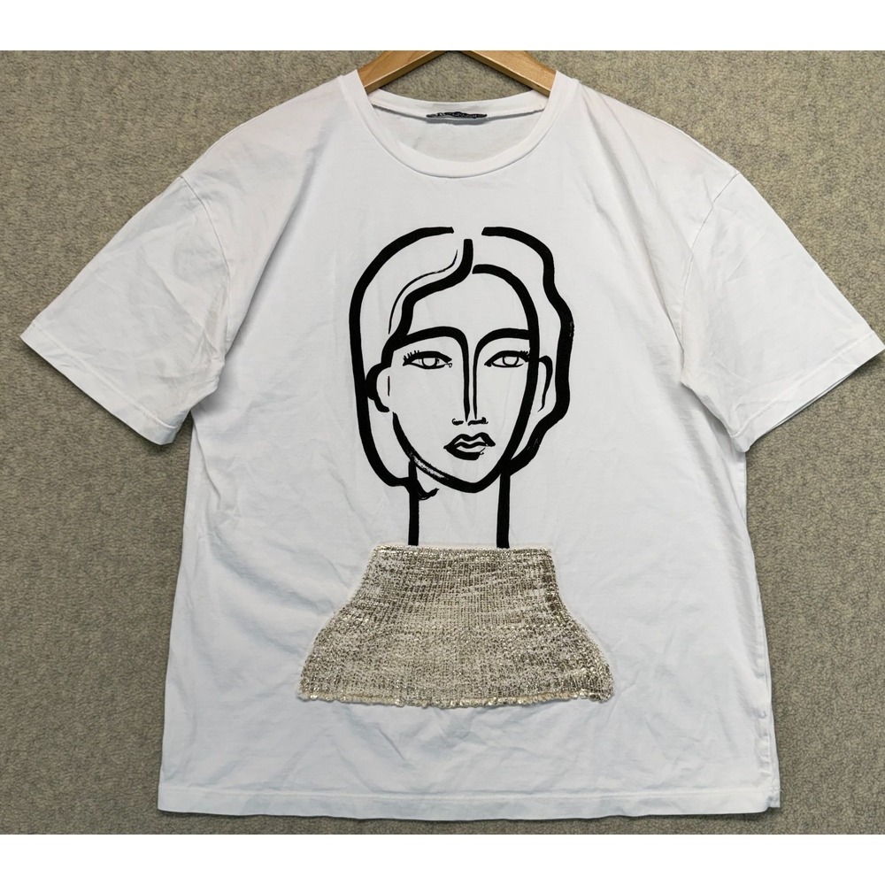 Zara Womens T-Shirt White Short Sleeve Portrait Face Graphic Tee Crew Neck Y2K S
